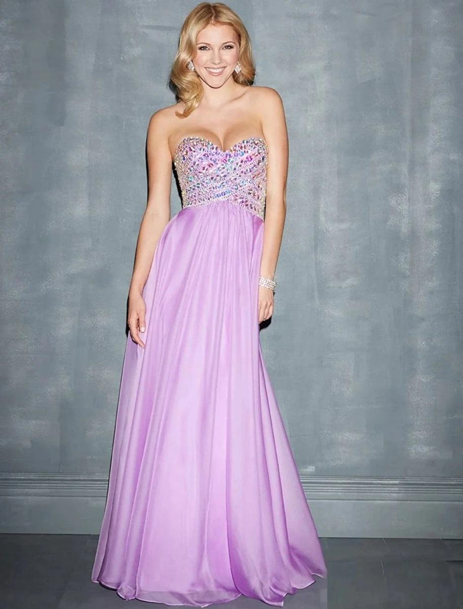 NumberSea - A - Line Evening Gown Glittering Dress Wedding Guest Wedding Party Sweep / Brush Train Sleeveless Sweetheart Chiffon with Rhinestone Beading Pure Color