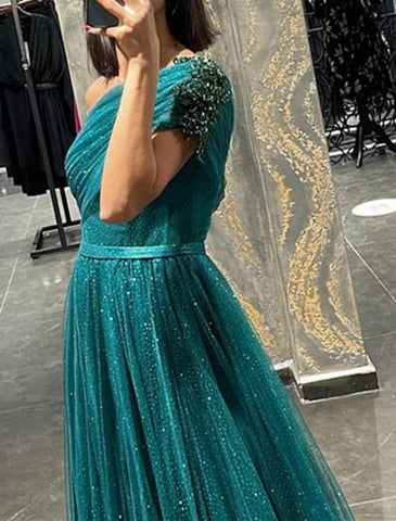 NumberSea - A - Line Evening Gown Glittering Dress Wedding Prom Court Train Sleeveless One Shoulder Tulle with Glitter Ruched Appliques