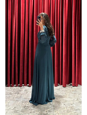 NumberSea - A - Line Evening Gown High Split Dress Formal Fall Sweep / Brush Train Long Sleeve V Neck Stretch Fabric with Pleats Crystals Ruffles