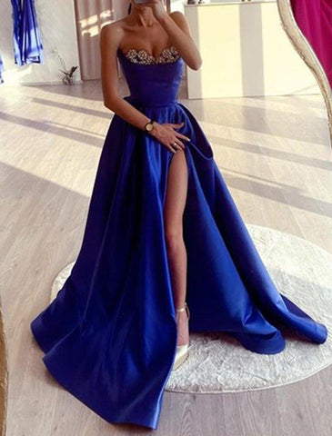 NumberSea - A - Line Evening Gown High Split Dress Wedding Prom Court Train Sleeveless Strapless Satin with Rhinestone Slit