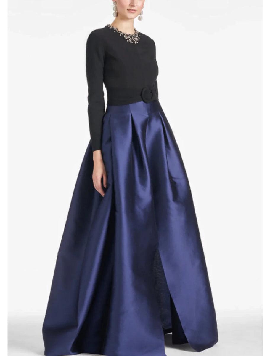 NumberSea - A - Line Evening Gown High Split wedding guest Dress Formal Fall Floor Length Long Sleeve color contrast Jewel Neck Satin with Crystals Slit