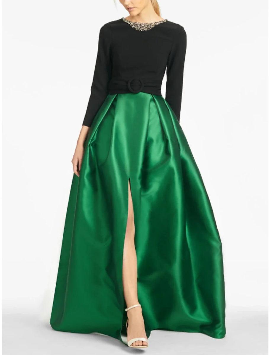 NumberSea - A - Line Evening Gown High Split wedding guest Dress Formal Fall Floor Length Long Sleeve color contrast Jewel Neck Satin with Crystals Slit