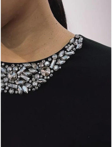 NumberSea - A - Line Evening Gown High Split wedding guest Dress Formal Fall Floor Length Long Sleeve color contrast Jewel Neck Satin with Crystals Slit