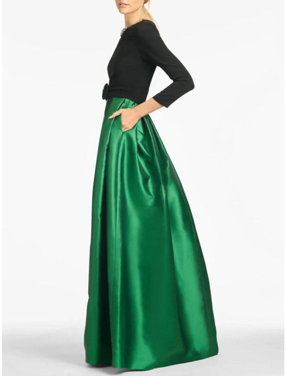 NumberSea - A - Line Evening Gown High Split wedding guest Dress Formal Fall Floor Length Long Sleeve color contrast Jewel Neck Satin with Crystals Slit