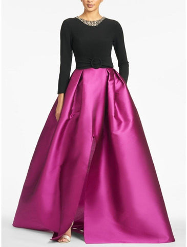 NumberSea - A - Line Evening Gown High Split wedding guest Dress Formal Fall Floor Length Long Sleeve color contrast Jewel Neck Satin with Crystals Slit