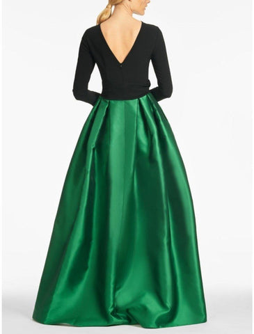 NumberSea - A - Line Evening Gown High Split wedding guest Dress Formal Fall Floor Length Long Sleeve color contrast Jewel Neck Satin with Crystals Slit