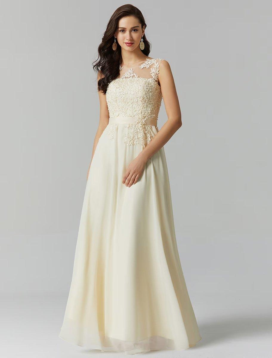 NumberSea - A - Line Evening Gown High Waisted Prom Dress Bridesmaid Wedding Guest Chiffon Floor Length Sleeveless Illusion Neck Georgette with Appliques