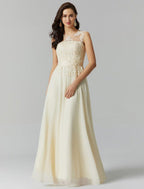 NumberSea - A - Line Evening Gown High Waisted Prom Dress Bridesmaid Wedding Guest Chiffon Floor Length Sleeveless Illusion Neck Georgette with Appliques