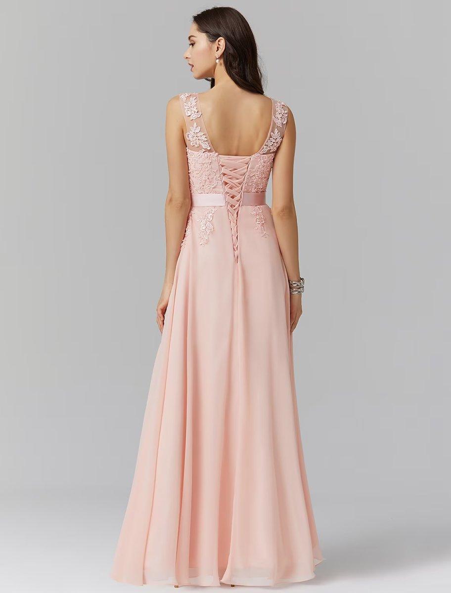 NumberSea - A - Line Evening Gown High Waisted Prom Dress Bridesmaid Wedding Guest Chiffon Floor Length Sleeveless Illusion Neck Georgette with Appliques
