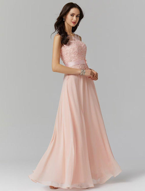 NumberSea - A - Line Evening Gown High Waisted Prom Dress Bridesmaid Wedding Guest Chiffon Floor Length Sleeveless Illusion Neck Georgette with Appliques