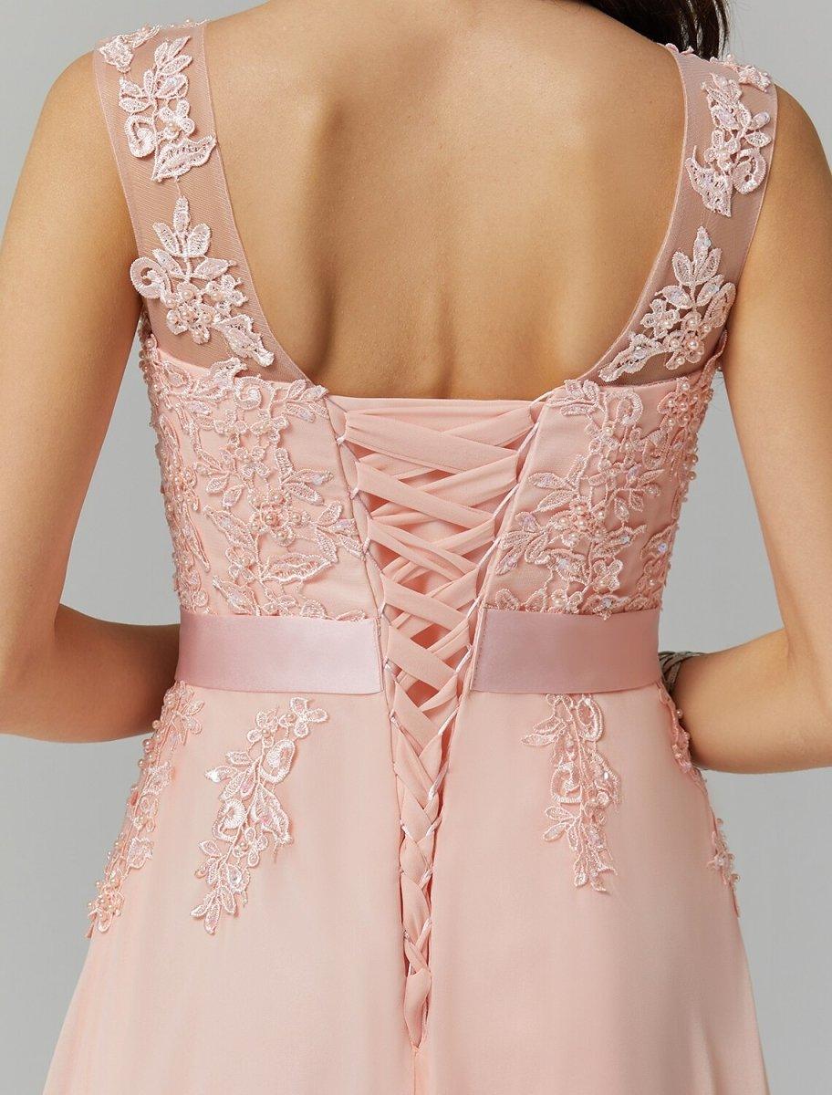 NumberSea - A - Line Evening Gown High Waisted Prom Dress Bridesmaid Wedding Guest Chiffon Floor Length Sleeveless Illusion Neck Georgette with Appliques