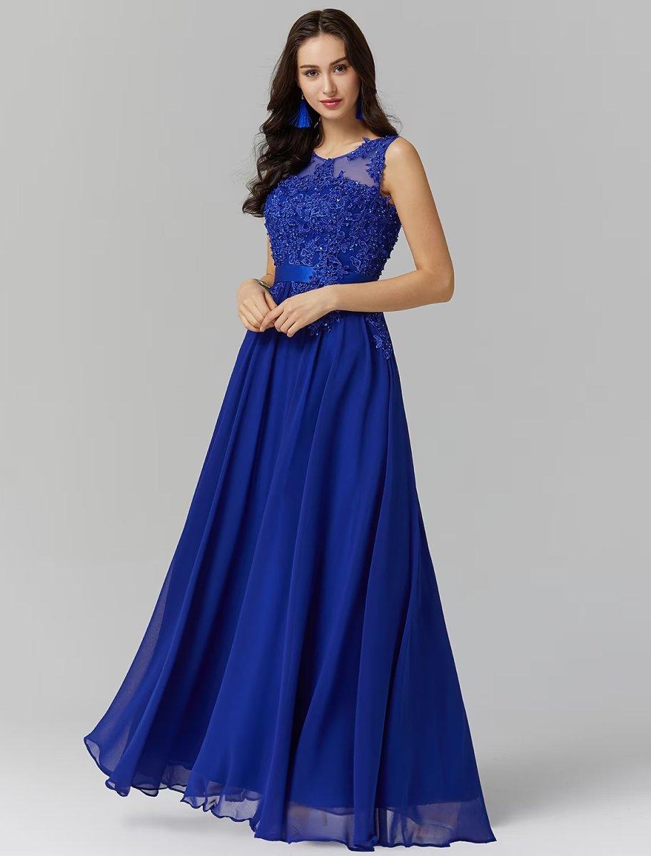NumberSea - A - Line Evening Gown High Waisted Prom Dress Bridesmaid Wedding Guest Chiffon Floor Length Sleeveless Illusion Neck Georgette with Appliques