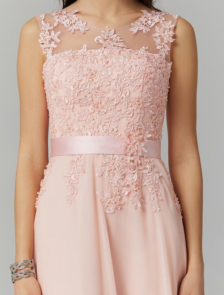 NumberSea - A - Line Evening Gown High Waisted Prom Dress Bridesmaid Wedding Guest Chiffon Floor Length Sleeveless Illusion Neck Georgette with Appliques