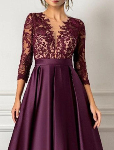 NumberSea - A - Line Evening Gown Luxurious Dress Formal Wedding Guest Floor Length 3/4 Length Sleeve V Neck Satin with Pleats Sequin