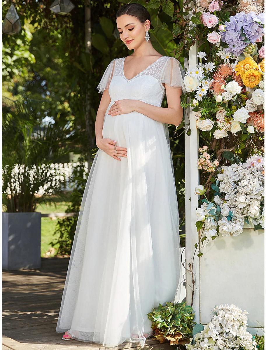 NumberSea - A - Line Evening Gown Maternity Dress Formal Evening Floor Length Short Sleeve V Neck Bridesmaid Dress Tulle V Back with Pure Color Tiered