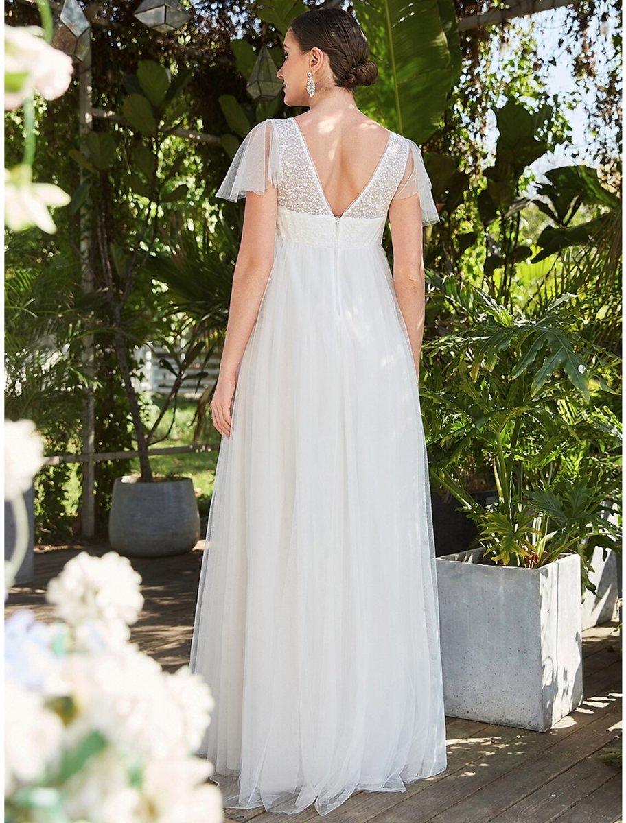 NumberSea - A - Line Evening Gown Maternity Dress Formal Evening Floor Length Short Sleeve V Neck Bridesmaid Dress Tulle V Back with Pure Color Tiered