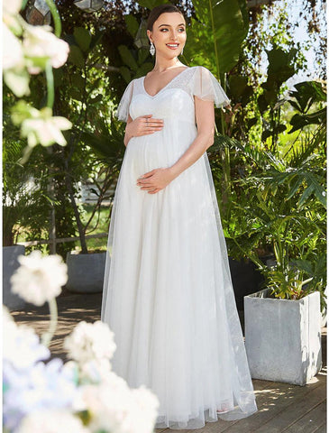 NumberSea - A - Line Evening Gown Maternity Dress Formal Evening Floor Length Short Sleeve V Neck Bridesmaid Dress Tulle V Back with Pure Color Tiered