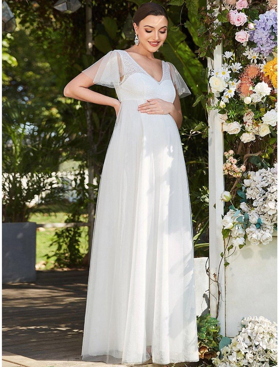 NumberSea - A - Line Evening Gown Maternity Dress Formal Evening Floor Length Short Sleeve V Neck Bridesmaid Dress Tulle V Back with Pure Color Tiered