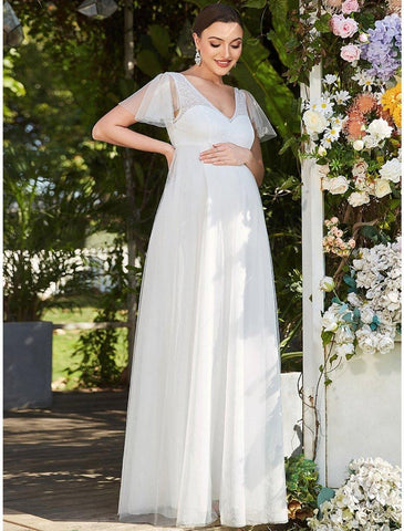 NumberSea - A - Line Evening Gown Maternity Dress Formal Evening Floor Length Short Sleeve V Neck Bridesmaid Dress Tulle V Back with Pure Color Tiered