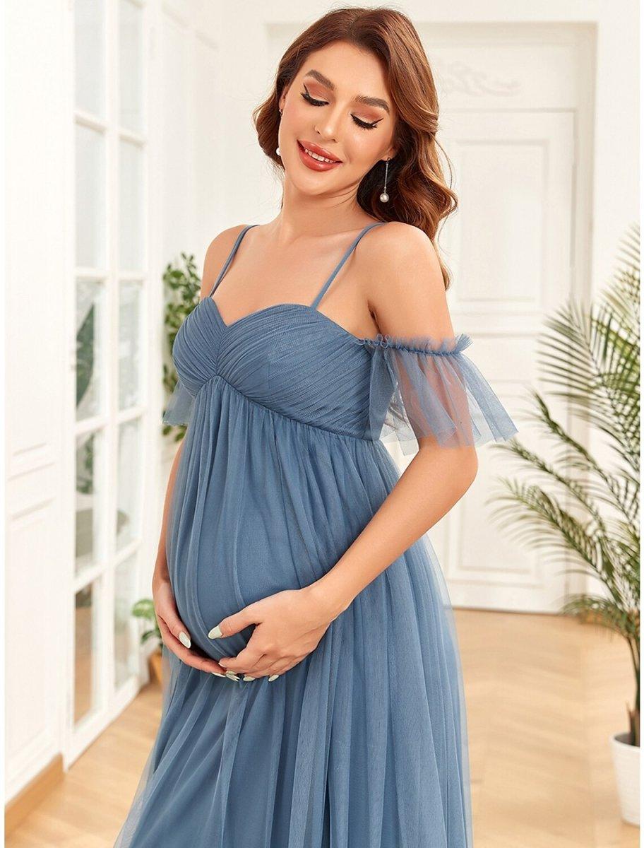 A-Line Evening Gown Maternity Dress Party Wear Wedding Guest Floor Length Sleeveless Spaghetti Strap Tulle with Ruched Blue