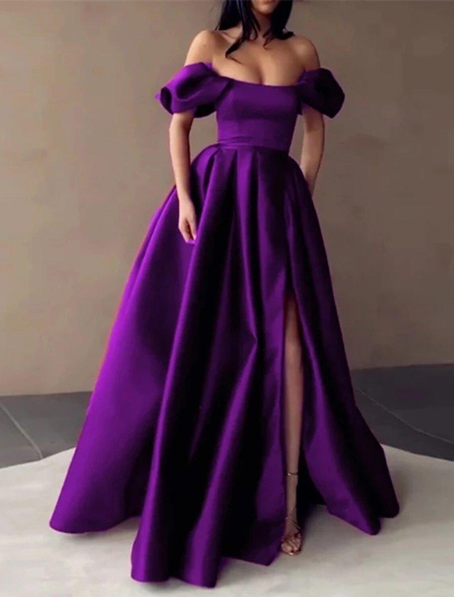 NumberSea - A - Line Evening Gown Minimalist Dress Wedding Guest Engagement Floor Length Sleeveless Strapless Italy Satin with Slit Pure Color