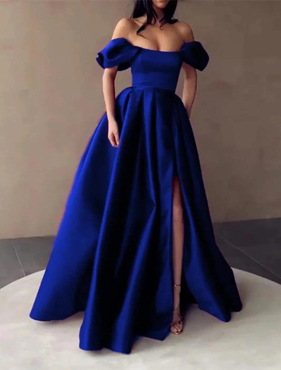 NumberSea - A - Line Evening Gown Minimalist Dress Wedding Guest Engagement Floor Length Sleeveless Strapless Italy Satin with Slit Pure Color