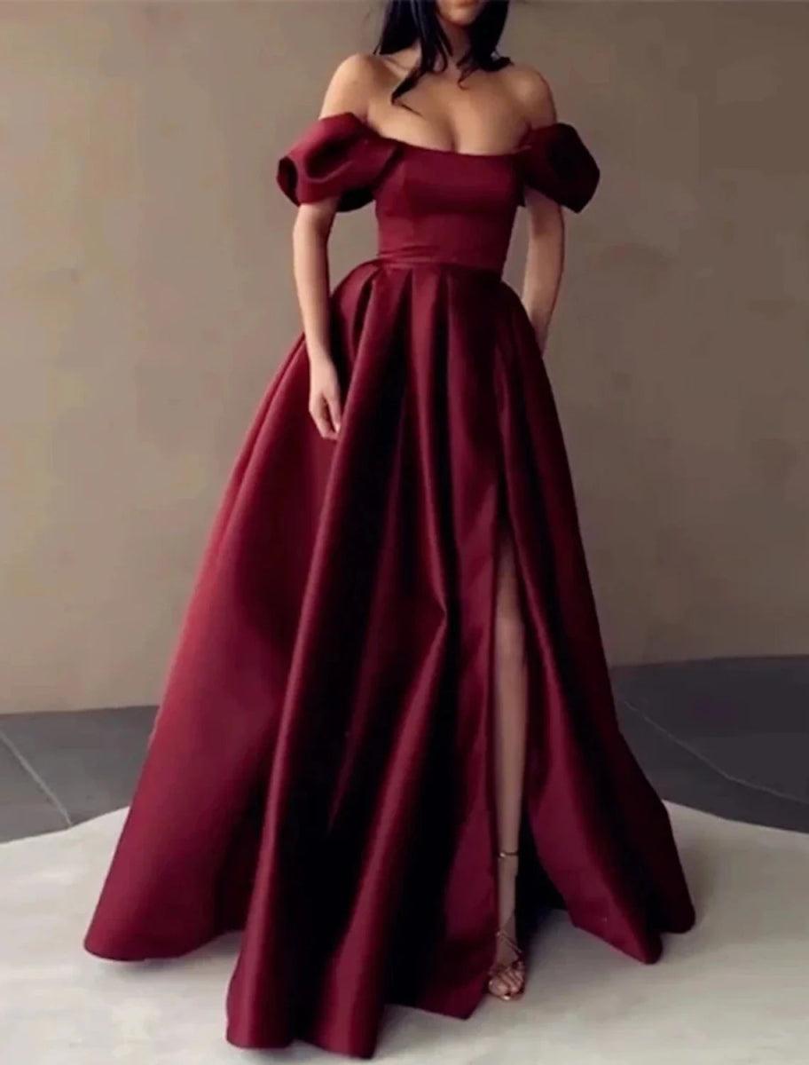 NumberSea - A - Line Evening Gown Minimalist Dress Wedding Guest Engagement Floor Length Sleeveless Strapless Italy Satin with Slit Pure Color