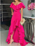 NumberSea - A - Line Evening Gown Minimalist Dress Wedding Guest Homecoming Asymmetrical Sleeveless Off Shoulder Stretch Satin with Ruffles Slit