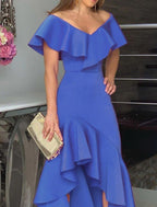 NumberSea - A - Line Evening Gown Minimalist Dress Wedding Guest Homecoming Asymmetrical Sleeveless Off Shoulder Stretch Satin with Ruffles Slit