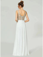 NumberSea - A - Line Evening Gown Open Back Dress Formal Wedding Party Floor Length Sleeveless V Neck Chiffon with Rhinestone