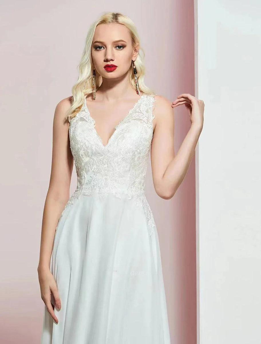NumberSea - A - Line Evening Gown Open Back Dress Wedding Party Birthday Floor Length Sleeveless V Neck Chiffon with Appliques