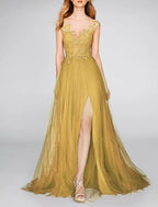 NumberSea - A - Line Evening Gown Party Dress Christmas Red Green Dress Engagement Prom Court Train Sleeveless V Neck Chiffon with Slit Appliques