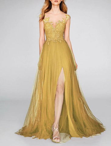 NumberSea - A - Line Evening Gown Party Dress Christmas Red Green Dress Engagement Prom Court Train Sleeveless V Neck Chiffon with Slit Appliques