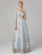 NumberSea - A - Line Evening Gown Party Dress Floral Dress Holiday Wedding Guest Floor Length 3/4 Length Sleeve Illusion Neck Lace with Embroidery