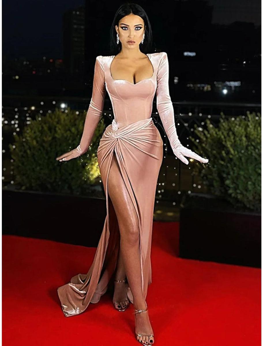 NumberSea - A - Line Evening Gown Party Dress Vintage Dress Formal Fall Court Train Long Sleeve Sweetheart Velvet with Ruched Slit