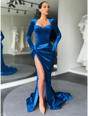 NumberSea - A - Line Evening Gown Party Dress Vintage Dress Formal Fall Court Train Long Sleeve Sweetheart Velvet with Ruched Slit
