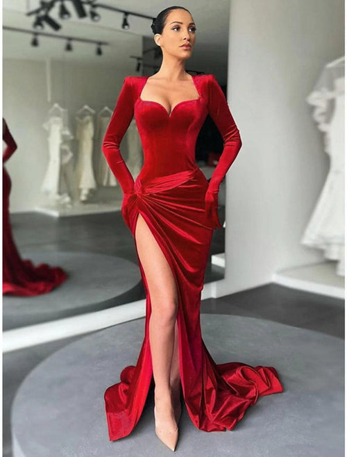 NumberSea - A - Line Evening Gown Party Dress Vintage Dress Formal Fall Court Train Long Sleeve Sweetheart Velvet with Ruched Slit
