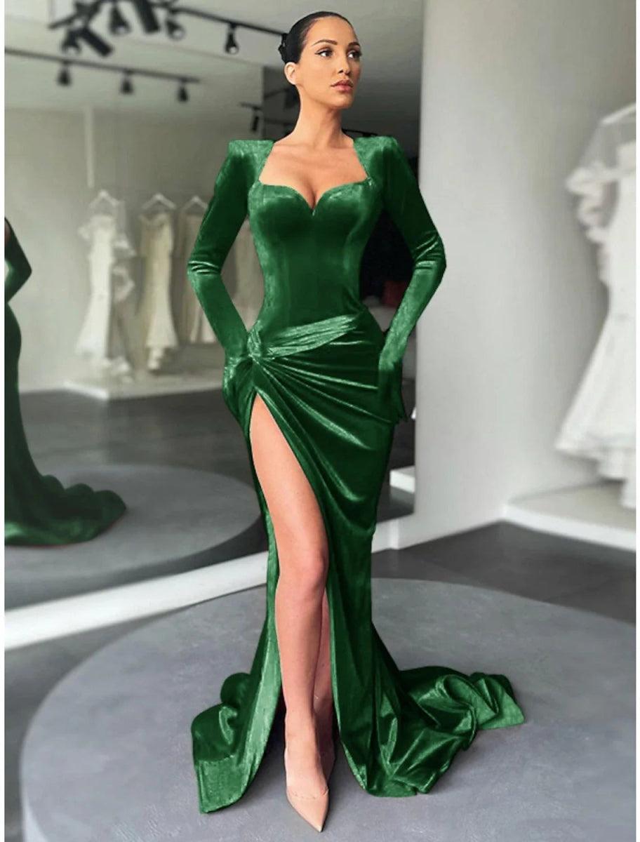 NumberSea - A - Line Evening Gown Party Dress Vintage Dress Formal Fall Court Train Long Sleeve Sweetheart Velvet with Ruched Slit