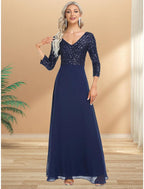 NumberSea - A - Line Evening Gown Plus Size Dress Wedding Guest Black Tie Floor Length 3/4 Length Sleeve V Neck Chiffon V Back with Sequin