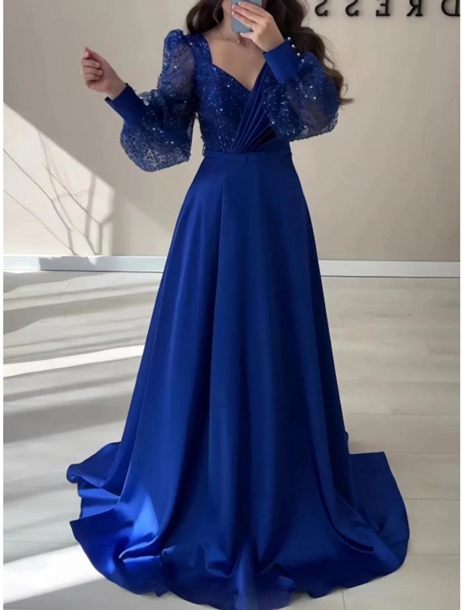 NumberSea - A - Line Evening Gown Sparkle &amp; Shine Black Dress Formal Fall Sweep / Brush Train Long Sleeve V Neck Satin with Glitter Pleats