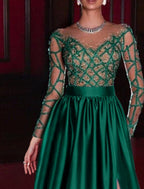 NumberSea - A - Line Evening Gown Sparkle &amp; Shine Dress Engagement Birthday Floor Length Long Sleeve V Neck with Rhinestone Appliques&nbsp;