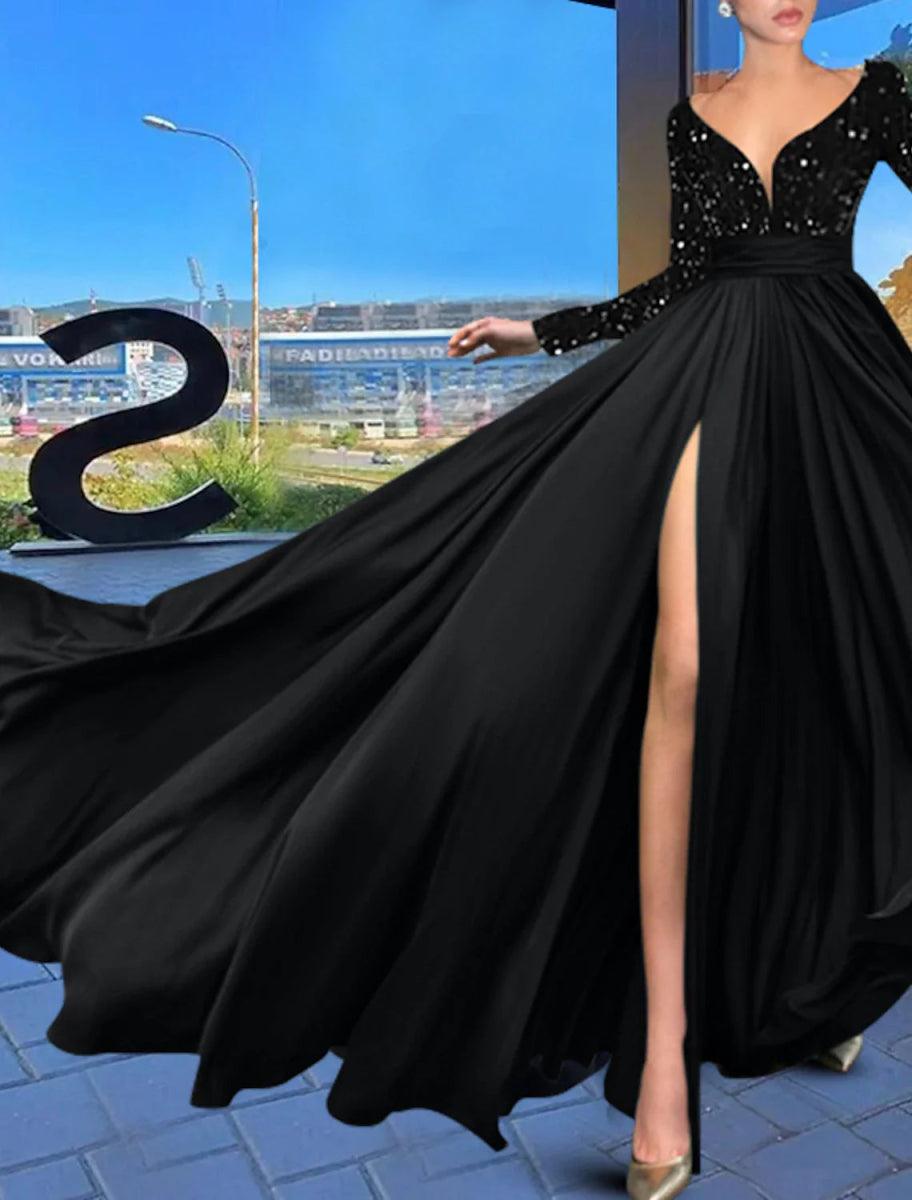NumberSea-A-Line Evening Gown Sparkle Black Dress Plus Size Wedding Guest Prom Court Train Long Sleeve V Neck Chiffon with Sequin Slit NumberSea-A-Line Evening Gown Sparkle Black Dress Plus Size Wedding Guest Prom Court Train Long Sleeve V Neck Chiffon with Sequin Slit