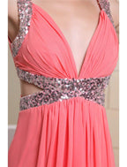 NumberSea - A - Line Evening Gown Sparkle Dress Engagement Floor Length Sleeveless V Neck Chiffon with Pleats Sequin