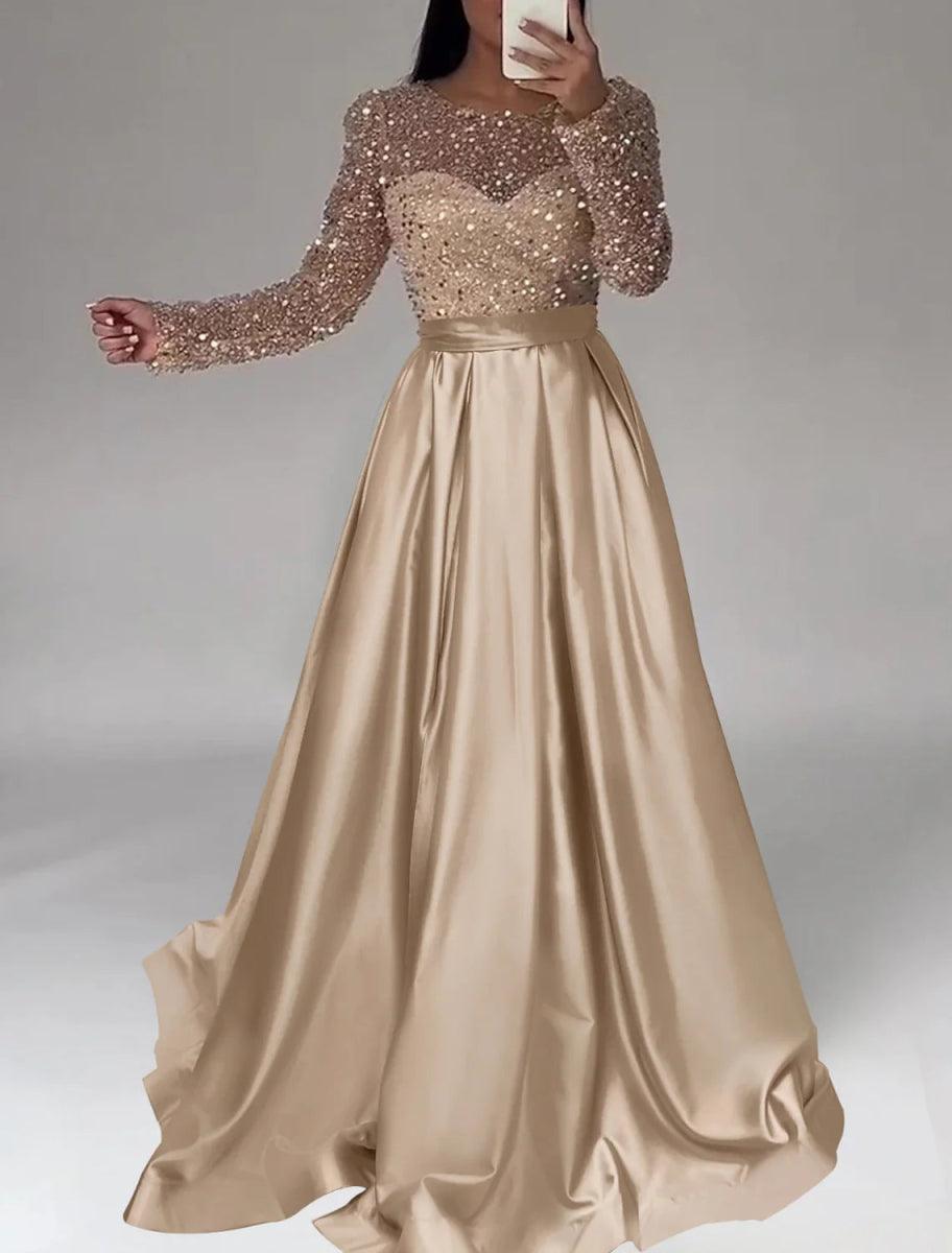 NumberSea - A - Line Evening Gown Sparkle Dress Wedding Black Tie Floor Length Long Sleeve Jewel Neck Satin with Sequin