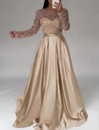 NumberSea - A - Line Evening Gown Sparkle Dress Wedding Black Tie Floor Length Long Sleeve Jewel Neck Satin with Sequin