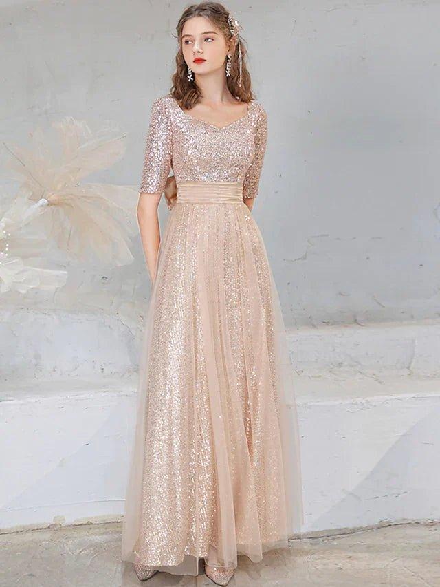 NumberSea-A-Line Evening Gown Sparkle Dress Wedding Guest Floor Length Half Sleeve V Neck Sequined with Bow(s) Sequin US 6 / UK 10 / EU 36