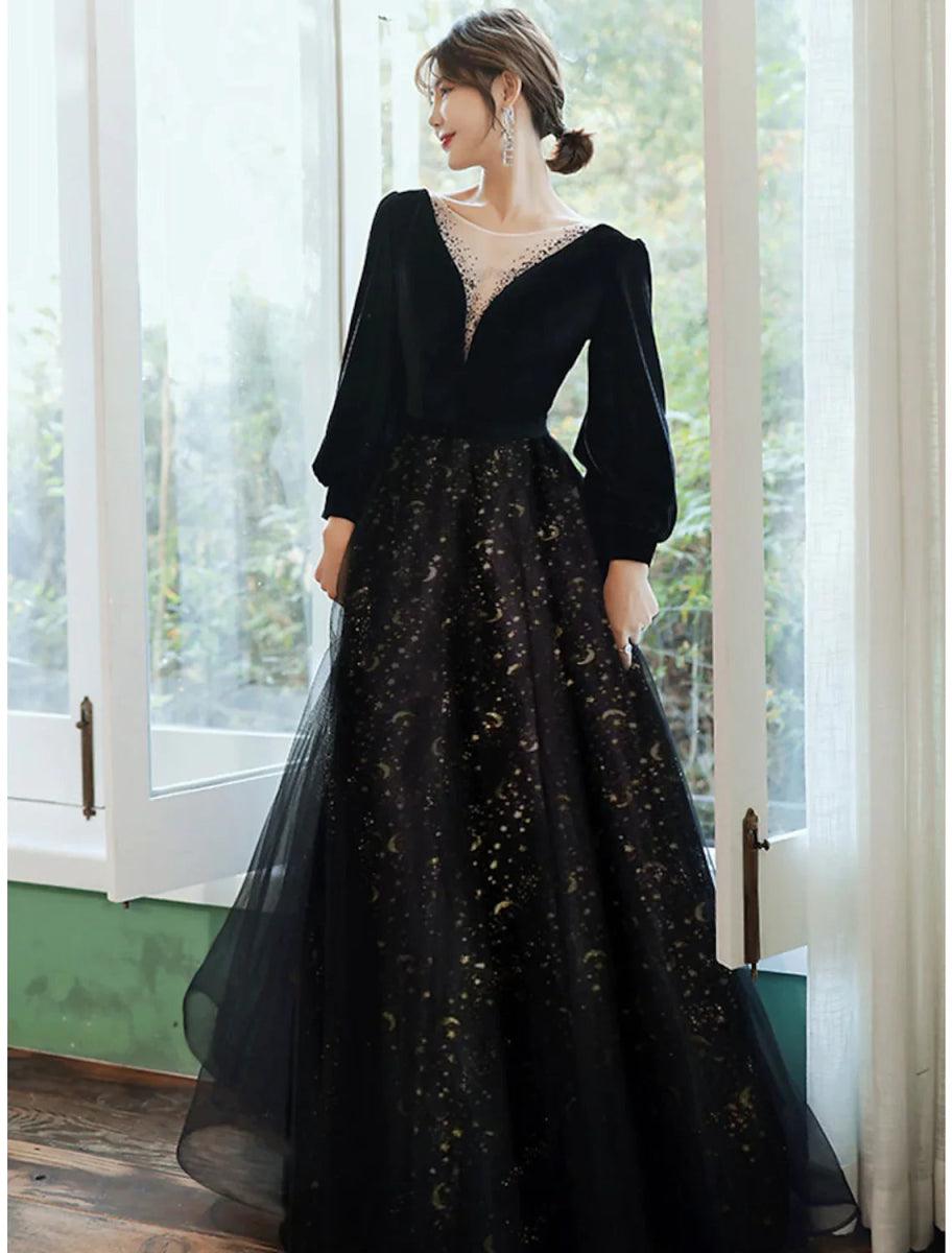 NumberSea-A-Line Evening Gown Sparkle Dress Wedding Guest Floor Length Long Sleeve V Neck Satin with Crystals Sequin US 18plus / UK 22 / EU 48