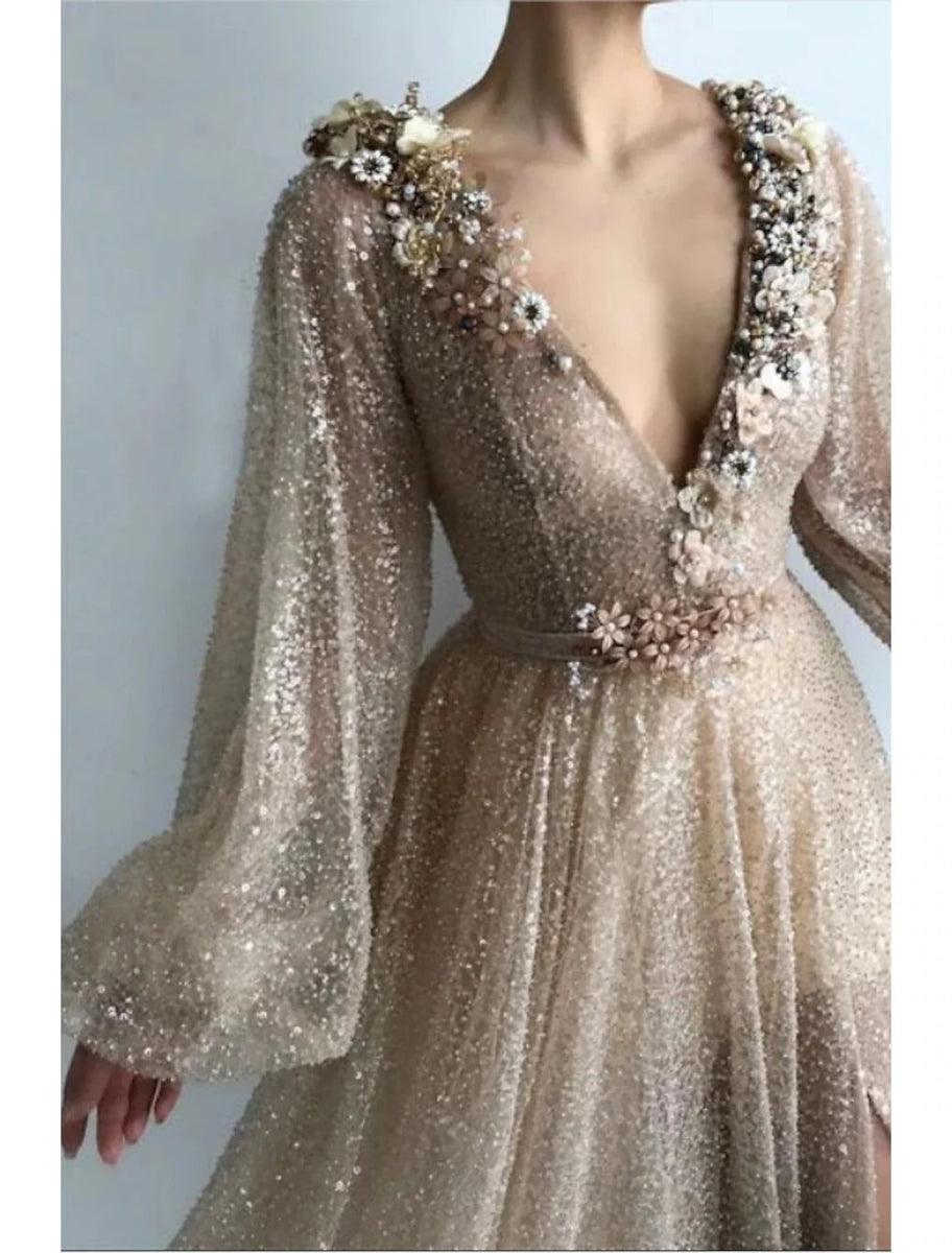 NumberSea - A - Line Evening Gown Sparkle Dress Wedding Guest Prom Floor Length Long Sleeve V Neck Sequined with Sequin Appliques Split Front