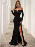 NumberSea - A - Line Evening Gown Sparkle & Shine Dress Formal Fall Sweep / Brush Train Long Sleeve Off Shoulder Velvet with Sequin Slit