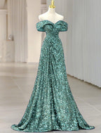 NumberSea - A - Line Evening Gown Sparkle & Shine Dress Formal Sweep / Brush Train Sleeveless Off Shoulder Sequined with Glitter Sequin